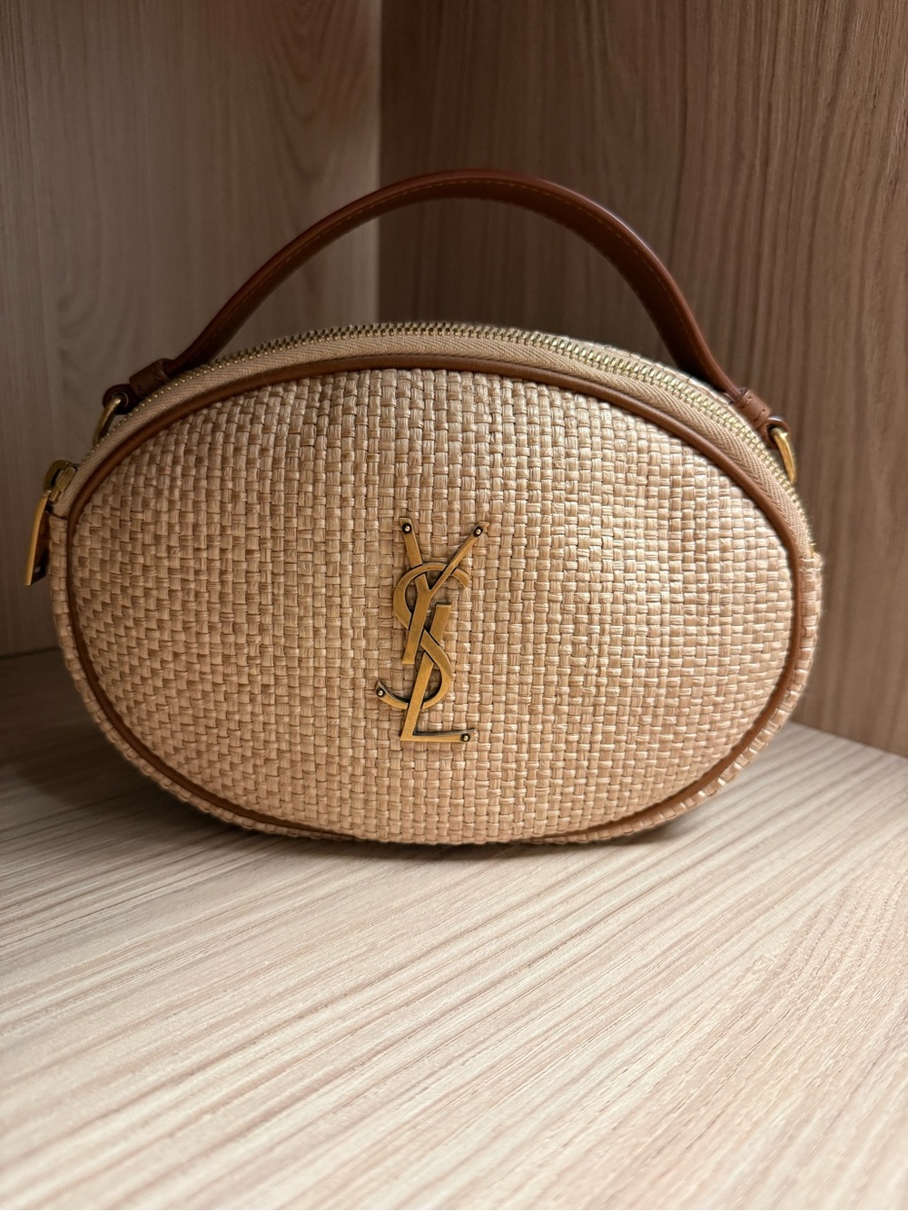Yves Saint Laurent Cassandre Raffia Oval Bag with Leather Trim - Picture 3 of 8